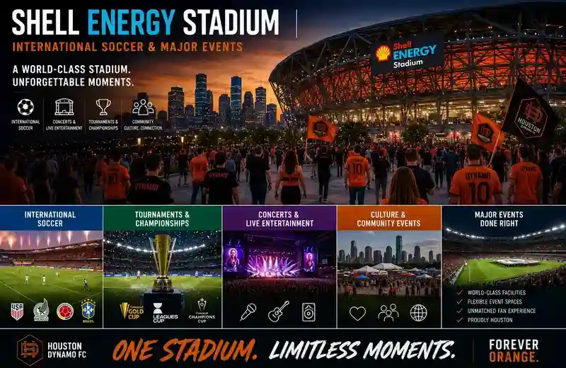 Shell Energy Stadium in Houston hosting international soccer matches, concerts, championships, and major community events with large crowds, illuminated stadium lights, supporter flags, live entertainment stages, and downtown Houston skyline views at sunset.
